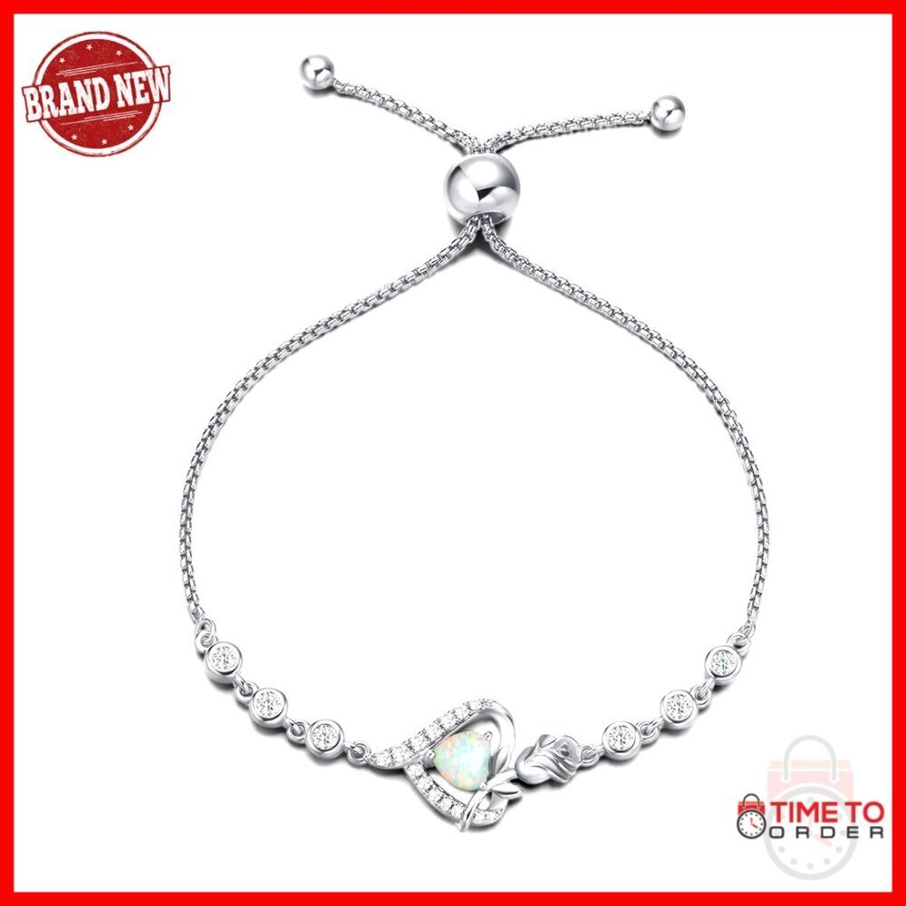 Sterling Silver Opal Tennis Bracelet Adjustable Heart Pendant Gift